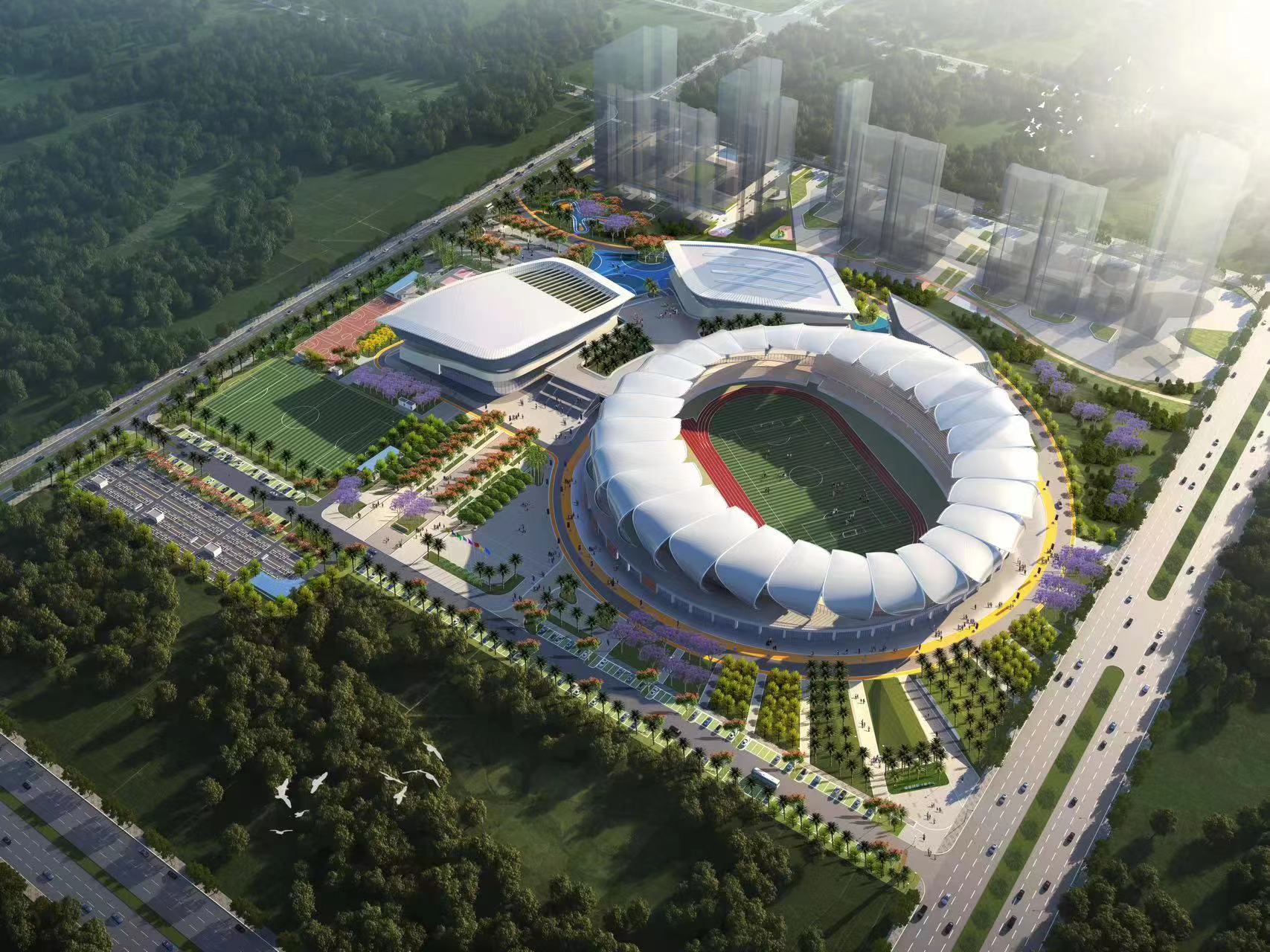 瑞丽国际文体中心建设项目游泳馆屋面管桁架首次吊装到位