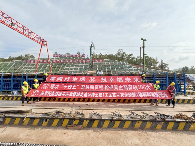 楚雄市东南绕城高速土建一工区首片T梁浇筑完成